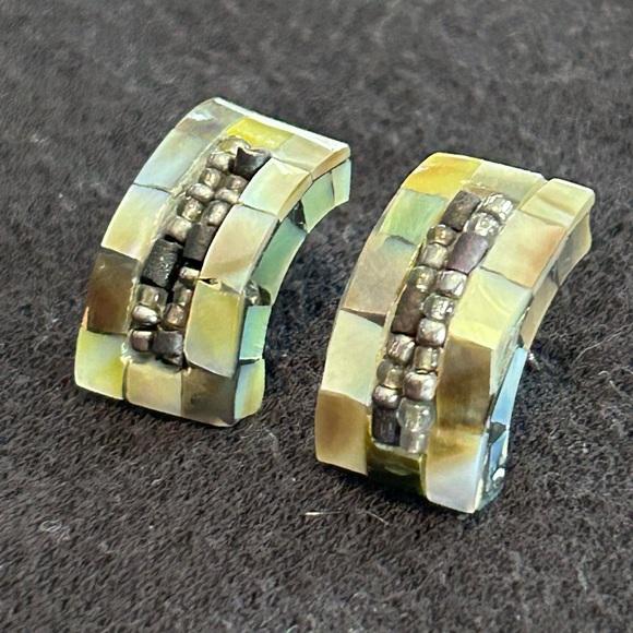 Semi-Circle Block Mother of Pearl | Abalone Inlay Pierced Earrings w Bead Accent - Picture 3 of 7